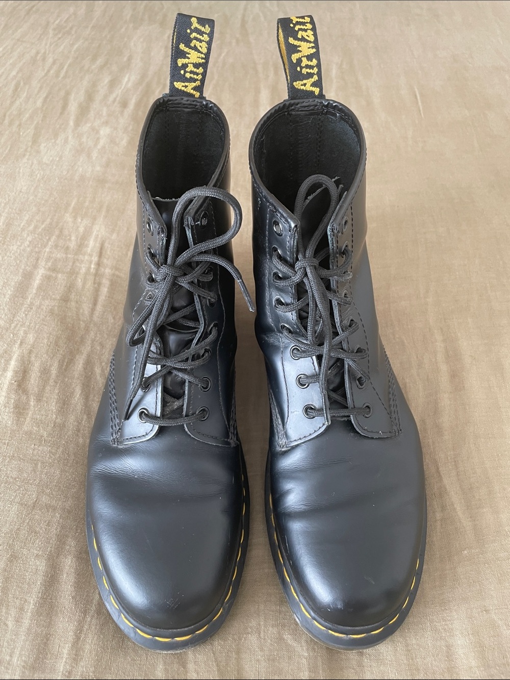 Dr. Martens Black Leather Lace-Up Boots with Yellow Stitching - Picture 2 of 5